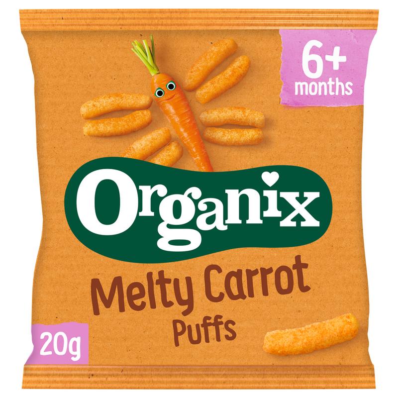 Organic Organix Mais knabbels with wortel for babies 6 months and older, 20 grams, suitable for toddler snacks.