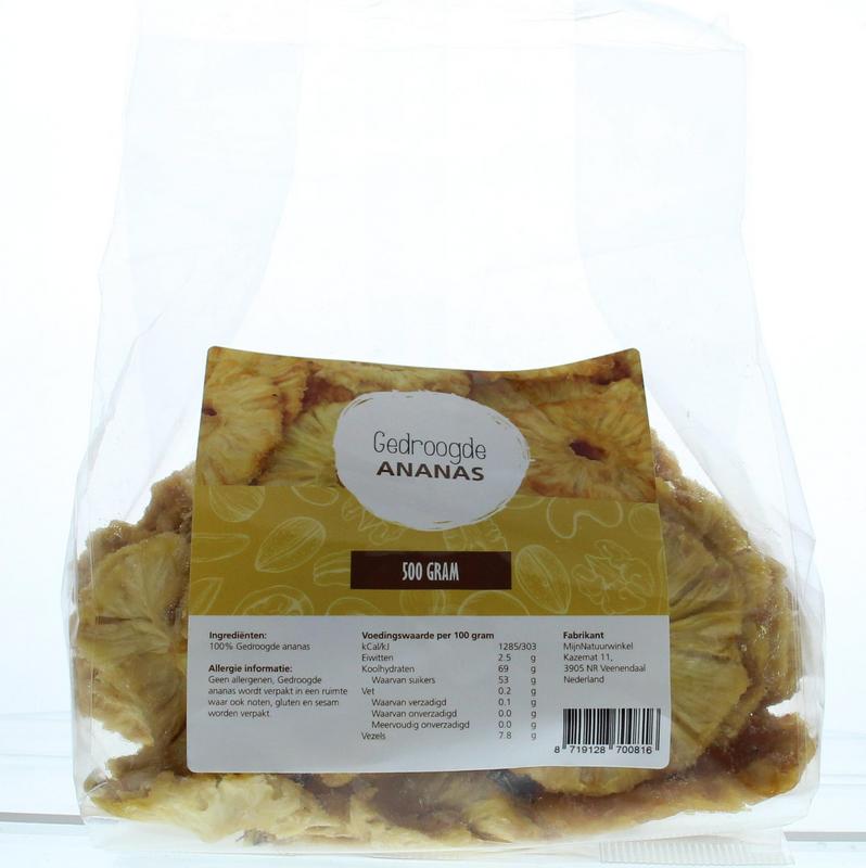 Dried pineapple rings from MijnNatuurwinkel, 500g, raw and superfood snack in a clear package.