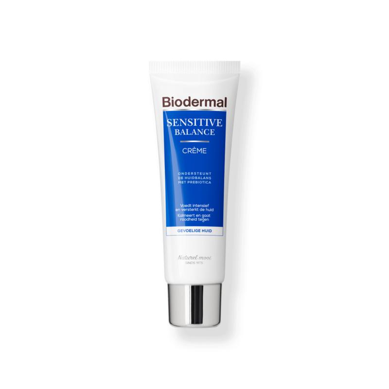 Biodermal Sensitive Balance Crème in 50ml tube, soothing body moisturizer for sensitive skin, with calming ingredients.