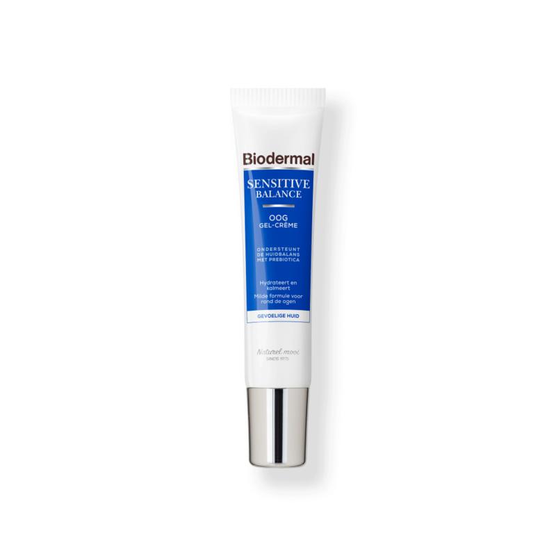 Biodermal Sensitive Balance oog gel-creme in 15ml, soothing eye care product for sensitive skin, with a lightweight gel texture.