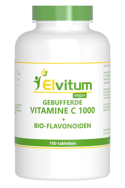 Elvitum buffered vitamin C 1000mg tablets, showing a bottle of 180 vitamin C supplement tablets on a white background.
