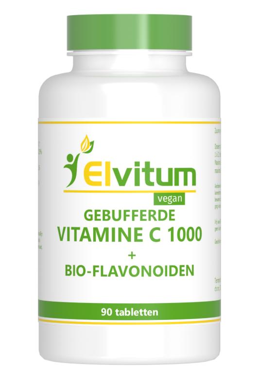 Elvitum Gebufferde vitamine C 1000mg tablets, showing a bottle with 90 tablets inside on a white background.