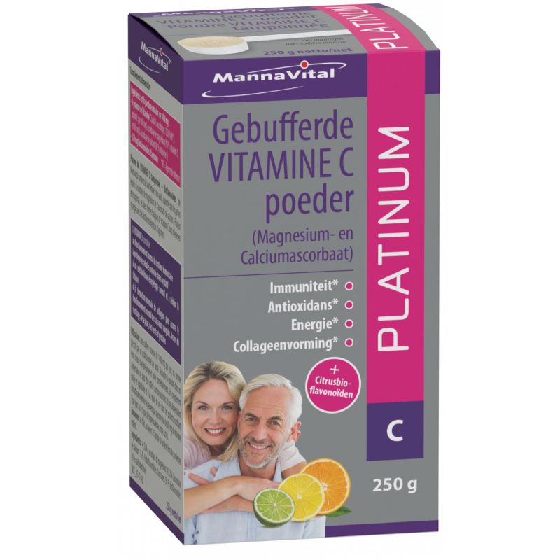 Mannavital Gebufferde vitamine C platinum supplement in a 250g jar, featuring a white and orange label with capsules inside.