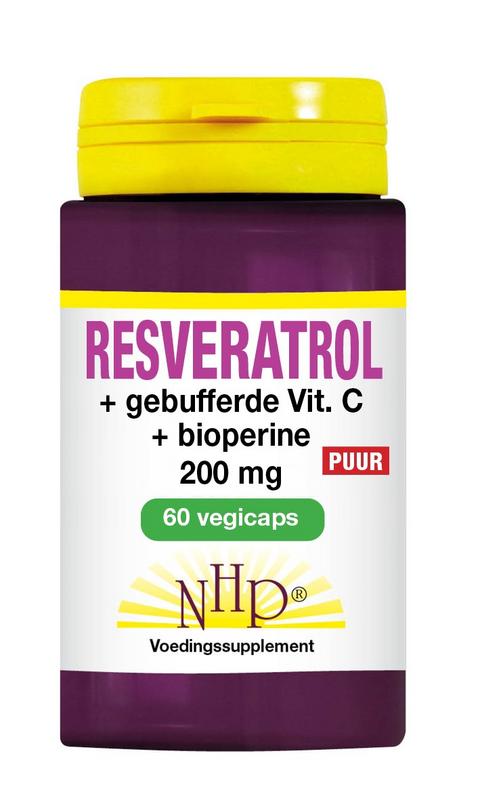 NHP Resveratrol 200mg, Vitamin C, and Bioperine vegetarian capsules, herbal supplement packaging with 60 capsules.