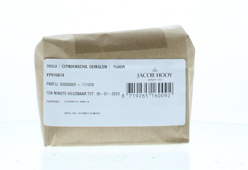 Grounded lemon peel from Jacob Hooy in a 250g package, used as a spice or seasoning for cooking and baking.