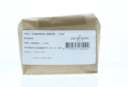 Grounded lemon peel from Jacob Hooy in a 250g package, used as a spice or seasoning for cooking and baking.