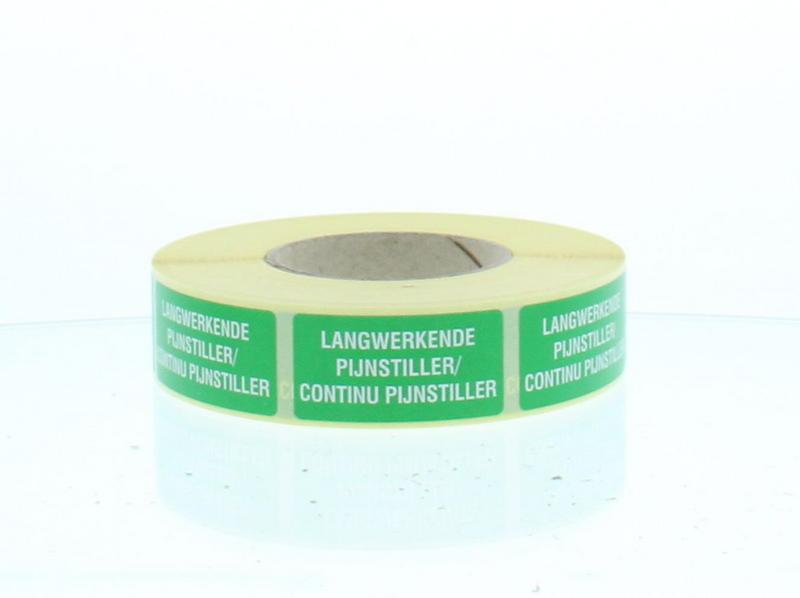 Spruyt Hillen sticker labels for long-lasting pain relief, shown in a box with 1000 stickers on a white background.