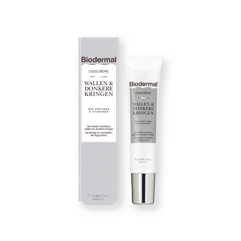 Biodermal eye cream for dark circles and puffiness, 15ml jar, moisturizing eye care product with a white and blue packaging.