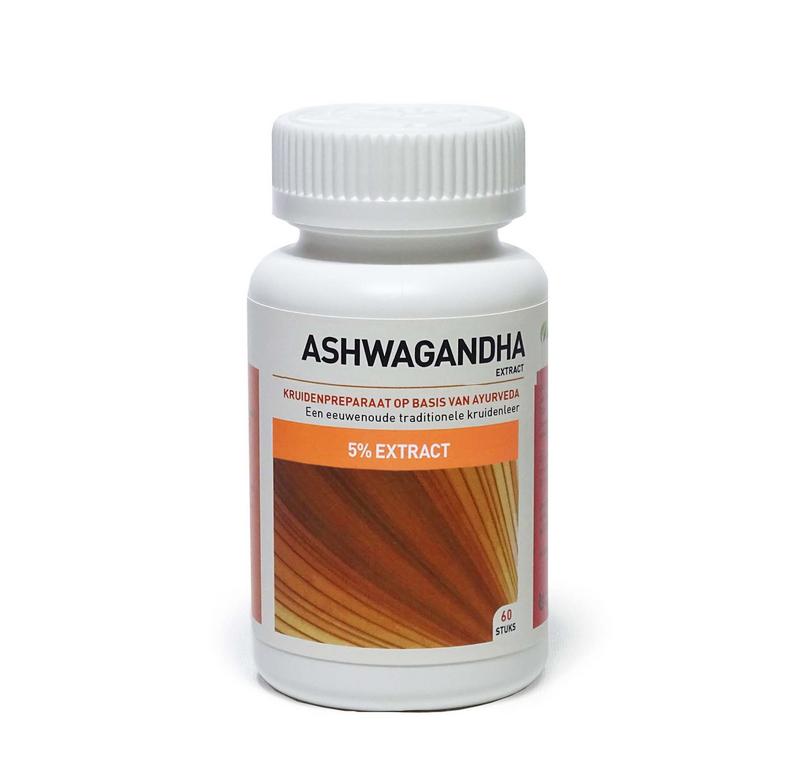 Ayurveda Health Ashwagandha tablets in a bottle, natural herbal supplement for stress relief and overall wellness.