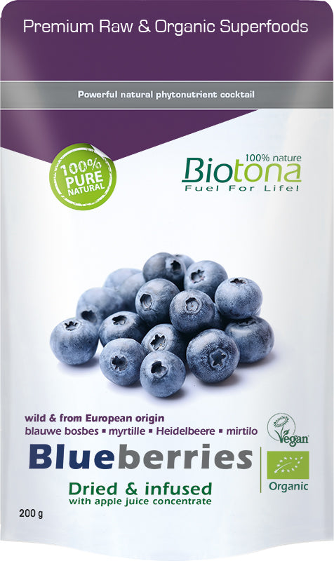 Dried blueberries from Biotona, organic superfood infusion in a 200g package, showing fresh blue berries and packaging.
