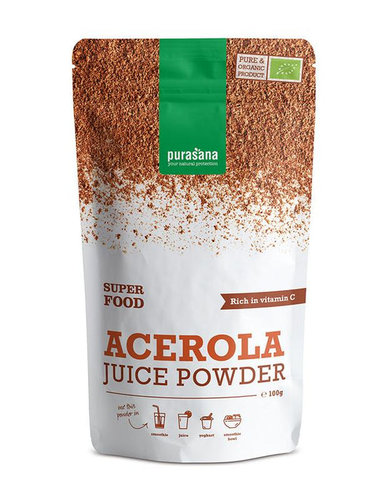 Purasana Acerola powder vegan bio in 100g package, showing bright orange acerola cherries and powder for vitamin C supplement.