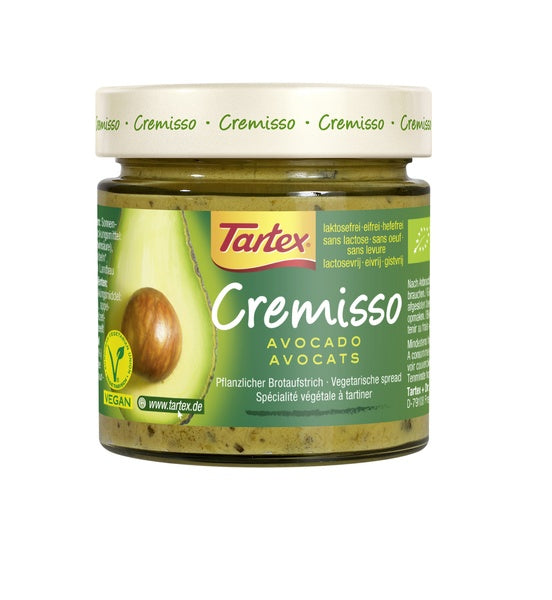 Tartex Cremisso avocado bio spread on bread, 180 grams, organic vegan broodbeleg with creamy avocado texture.
