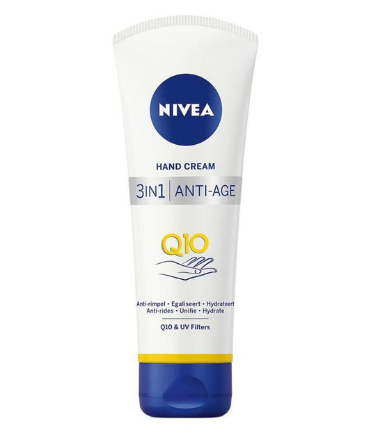 Nivea Handcreme Q10 3-in-1 anti-age hand moisturizer in a 100ml tube, designed for effective hand care and anti-aging.