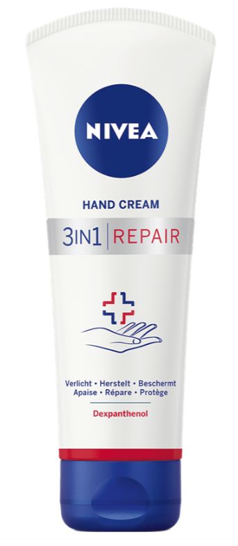 Nivea 3-in-1 Repair Handcreme in a 100ml tube, designed for nourishing and restoring dry hands with moisturizing formula.