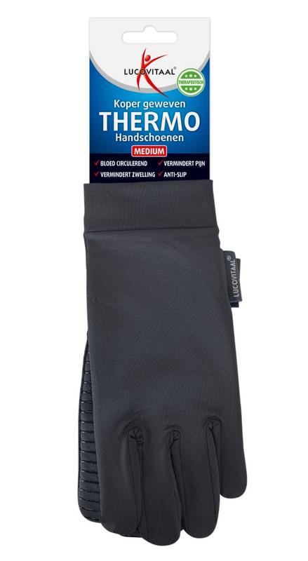 Lucovitaal copper gloves, size M, pair showing soft fabric and copper-infused material for therapeutic use