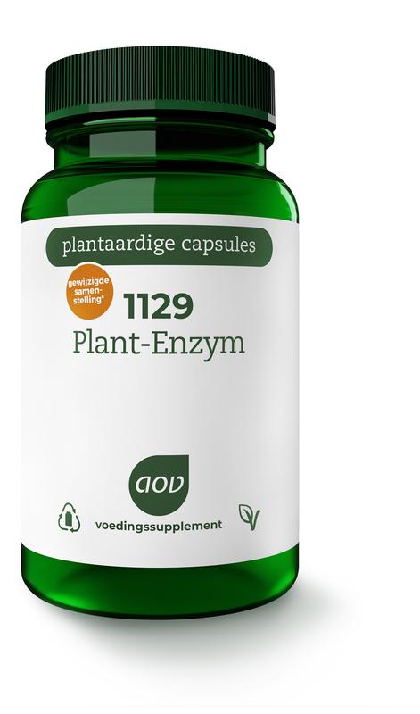 AOV 1129 Plant Enzymes and Fiber capsules in vegetarian softgel form, shown in a bottle with capsules visible inside.