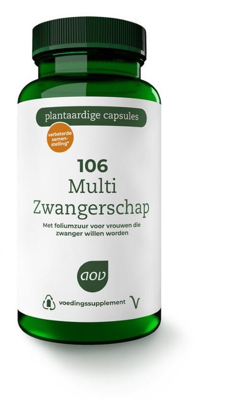 AOV 106 Multi zwangerschap vegetarian capsules, dietary supplement with various vitamins, in a clear bottle on a white background.
