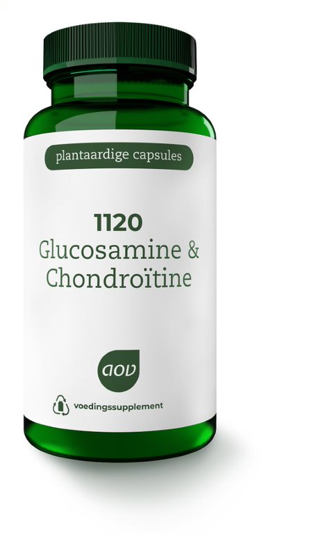 AOV 1120 Glucosamine & chondroitine vegetarian capsules, mineral complex supplement in a white bottle with capsules visible