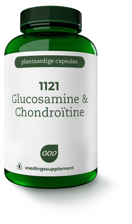 AOV Glucosamine & Chondroitine vegetarian capsules, mineral supplement in a white bottle with label showing the product name.