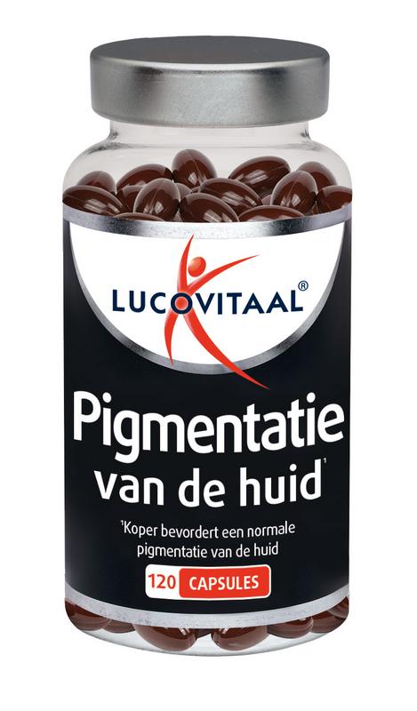 Lucovitaal Pigmentatie van de huid multivitamine capsules for skin pigmentation support, shown in a bottle with capsules inside.