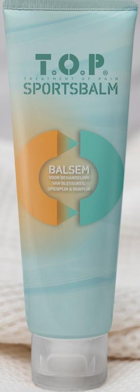 T.O.P. Sportbalsem 100ml jar of muscle and joint care balm with a white and blue label, designed for sports and joint relief.