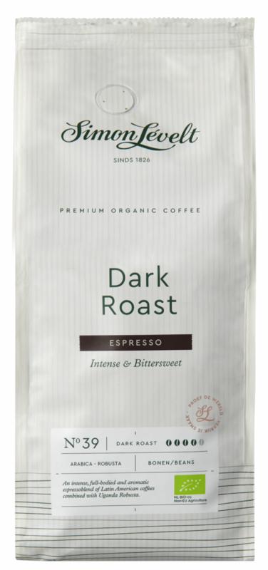 Simon Levelt dark roast organic espresso coffee beans in a 1kg bag, perfect for rich, flavorful brewing