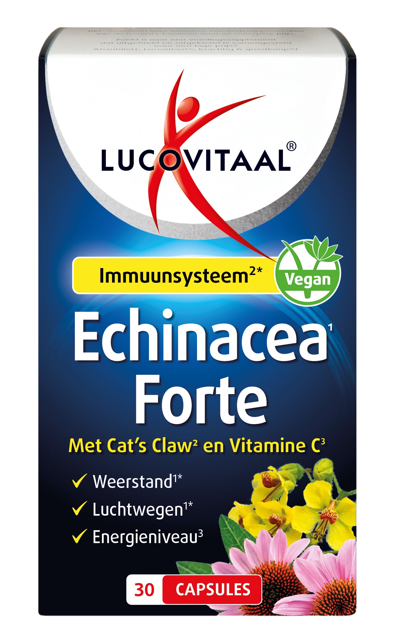 Lucovitaal Echinacea forte, cat's claw and vitamin C capsules, herbal supplement in a bottle with 30 capsules.