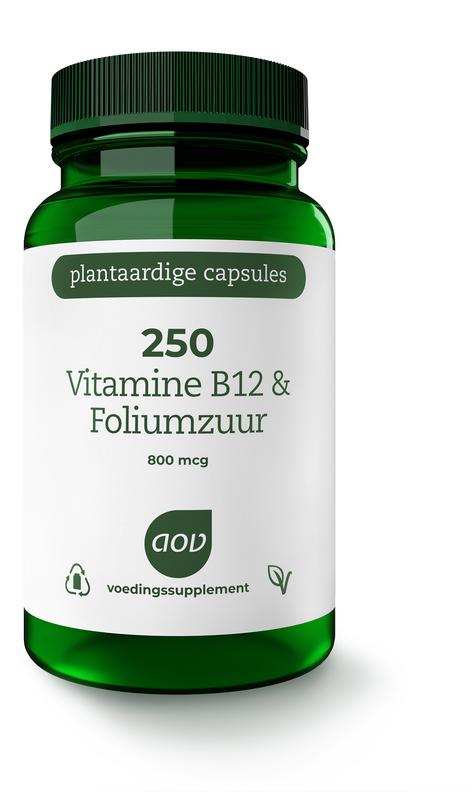 AOV 250 Vitamin B12 and folic acid vegetarian capsules bottle with label showing supplement details.