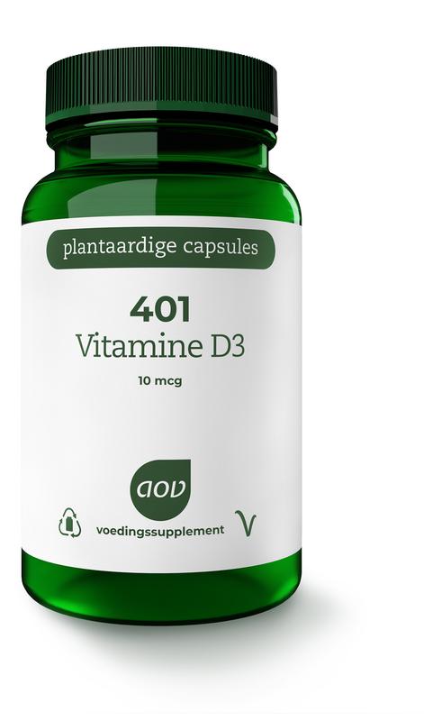 AOV Vitamine D3 10mcg vegetarian capsules in a bottle, showing the supplement packaging and capsules inside.