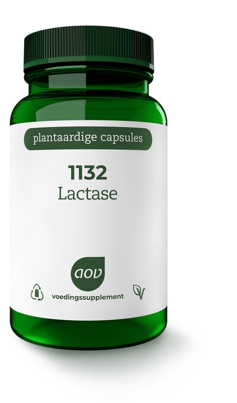 AOV Lactase 1132 vegetarian capsules for digestion support, with fibers and enzymes, shown in a bottle against a white background.