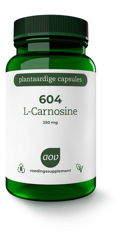 AOV L-carnosine vegetarian capsules, dietary supplement in a clear bottle with white cap, labeled as amino acids supplement.