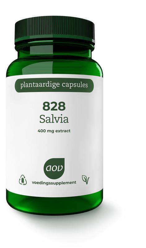 AOV 828 Salvia vegetarian capsules in a clear bottle, with green and white label, showing capsules inside for herbal supplement.