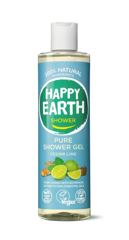 Happy Earth Pure Cedar Lime shower gel in 300ml bottle, natural bad en douche product with fresh cedar and lime scent.