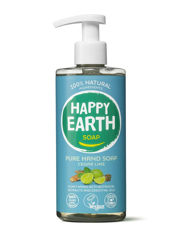 Happy Earth Pure cedar lime hand soap in a 300ml bottle, showcasing the natural handverzorging product with fresh citrus and cedar scent.