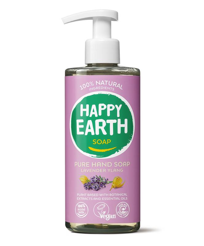 Happy Earth Pure lavender ylang hand soap in 300ml bottle, gentle hand care product with floral scent.