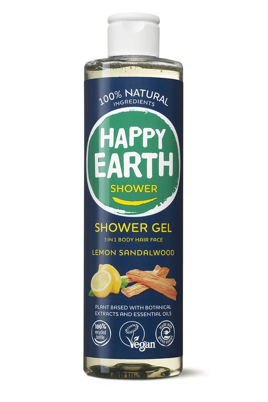 Happy Earth Pure lemon sandalwood shower gel in 300ml bottle, with a clear label and fresh citrus and woody scent.