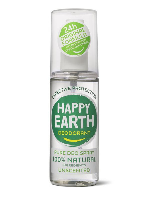 Happy Earth Pure unscented deodorant spray in a 100ml bottle, featuring a clean, minimalist design with a white cap.