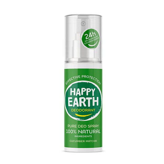 Happy Earth Pure cucumber matcha deodorant spray bottle, 100ml, with a sleek design and refreshing ingredient label.
