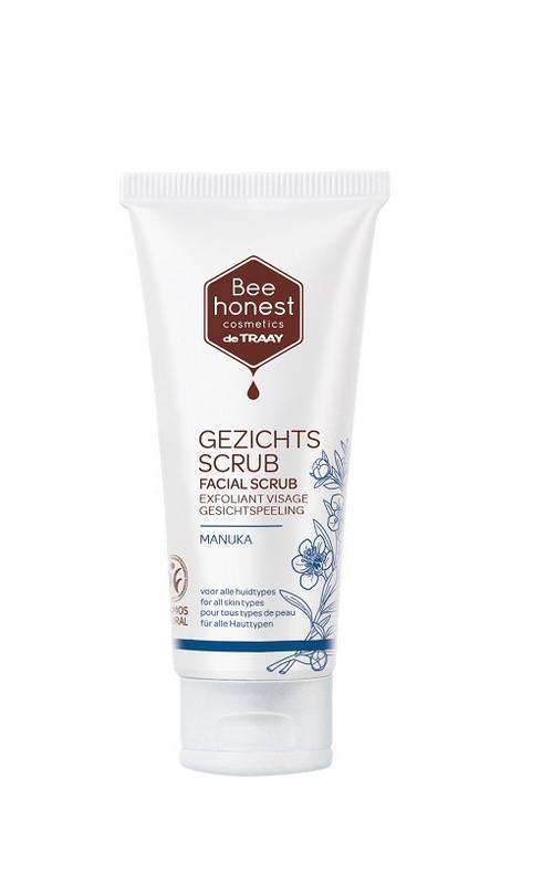 Traay Bee Honest Manuka gezichtsscrub in 50ml tube, natural facial skincare product with exfoliating beads and Manuka honey extraction.