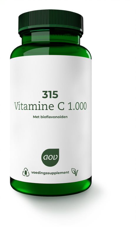AOV Vitamine C 1000mg supplement bottles with 60 tablets, natural vitamin C supplement by AOV in clear container