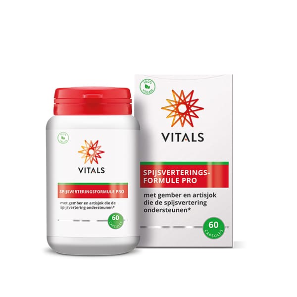 Vitals Spijsverteringsformule pro herbal supplement capsules, showing 60 capsules in a clear container with label.