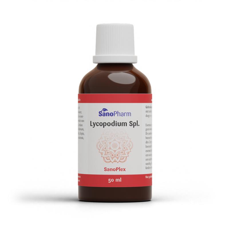 SanoPharm Lycopodium Sanoplex herbal supplement bottle, 50ml, featuring the label and packaging of the herbal remedy product.