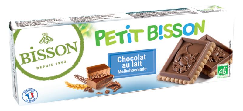 Bisson Petit Theebiscuit melkchocolade bio broodbeleg spread on bread, 150g, creamy milk chocolate with biscuit pieces.