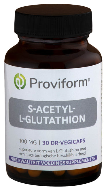 Proviform S-Acetyl-L-Glutathion 100mg vegetarian capsules, dietary supplement with amino acids, in a bottle with capsules visible.