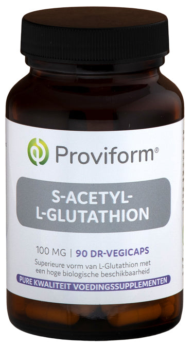 Proviform S-Acetyl-L-Glutathion 100mg vegetarian capsules, dietary supplement with amino acids in a white bottle.