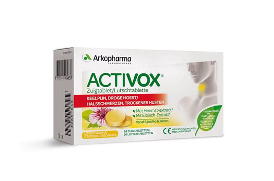 Activox Activox keelpijn droge hoest zuigtabletten, close-up of the packaging box with 24 tablets for sore throat relief.
