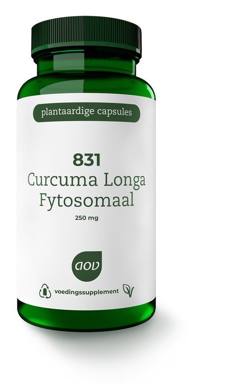 AOV 831 Curcuma longa vegetarian capsules in a bottle, herbal supplement from AOV brand, with label and capsule visible.