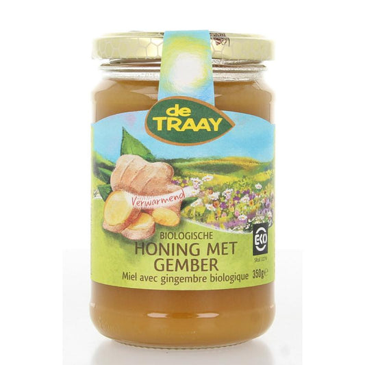 Organic de Traay ginger honey jar, 350g, with a golden honey and ginger infusion in a clear glass container.
