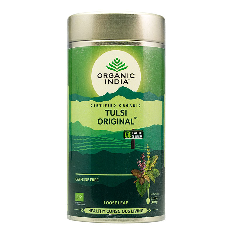Organic India Tulsi original loose tea in a 100g package, featuring fresh, organic herbal tea leaves for soothing infusions.