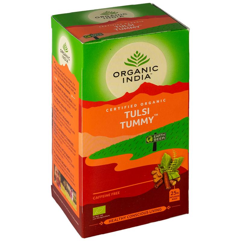 Organic India Tulsi tummy thee bio in 25 tea bags, featuring herbal tea leaves and packaging, for digestive wellness.
